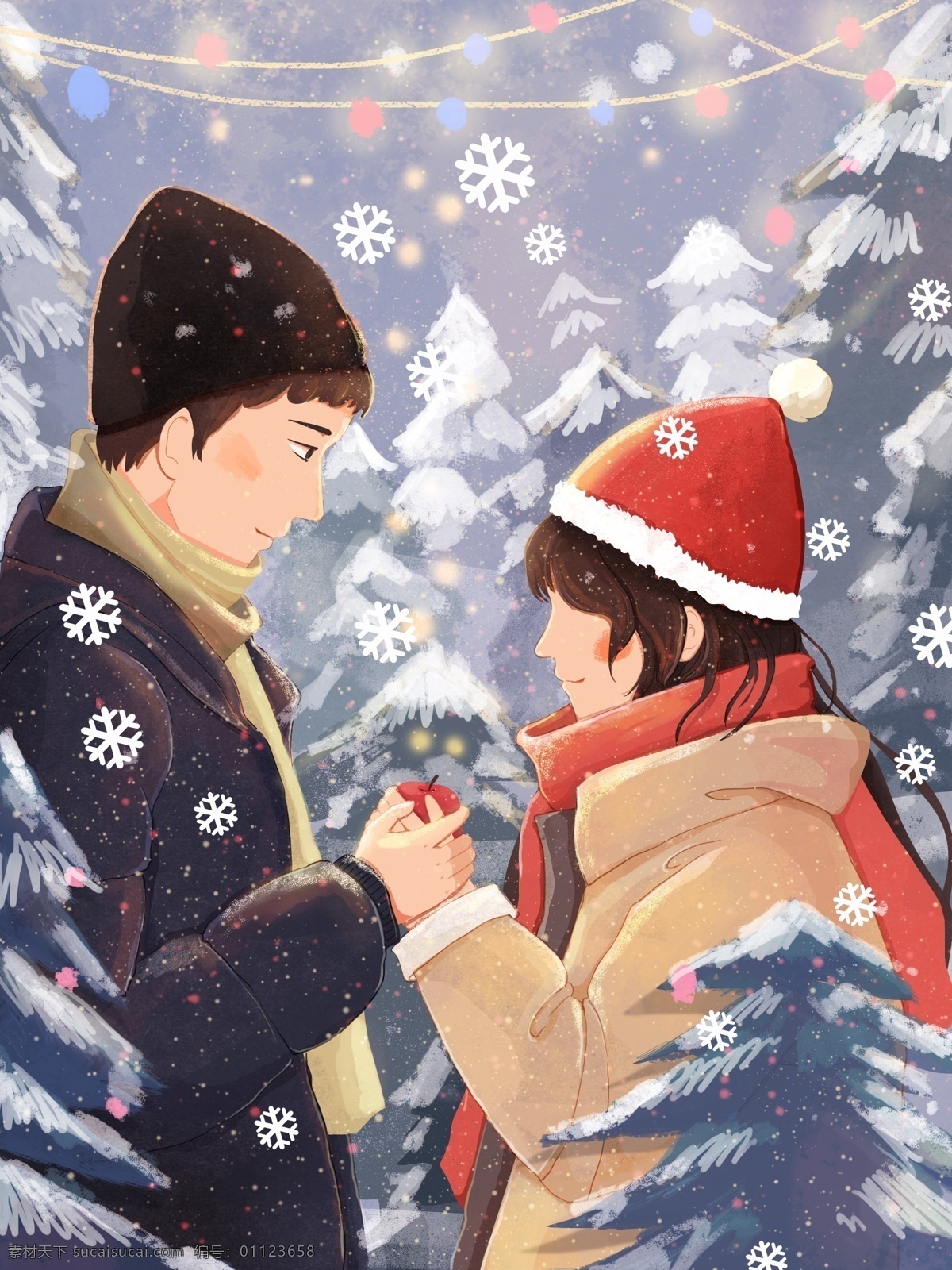 原创 插画 冬季 圣诞节 情侣 下雪 壁纸 森林场景 彩灯