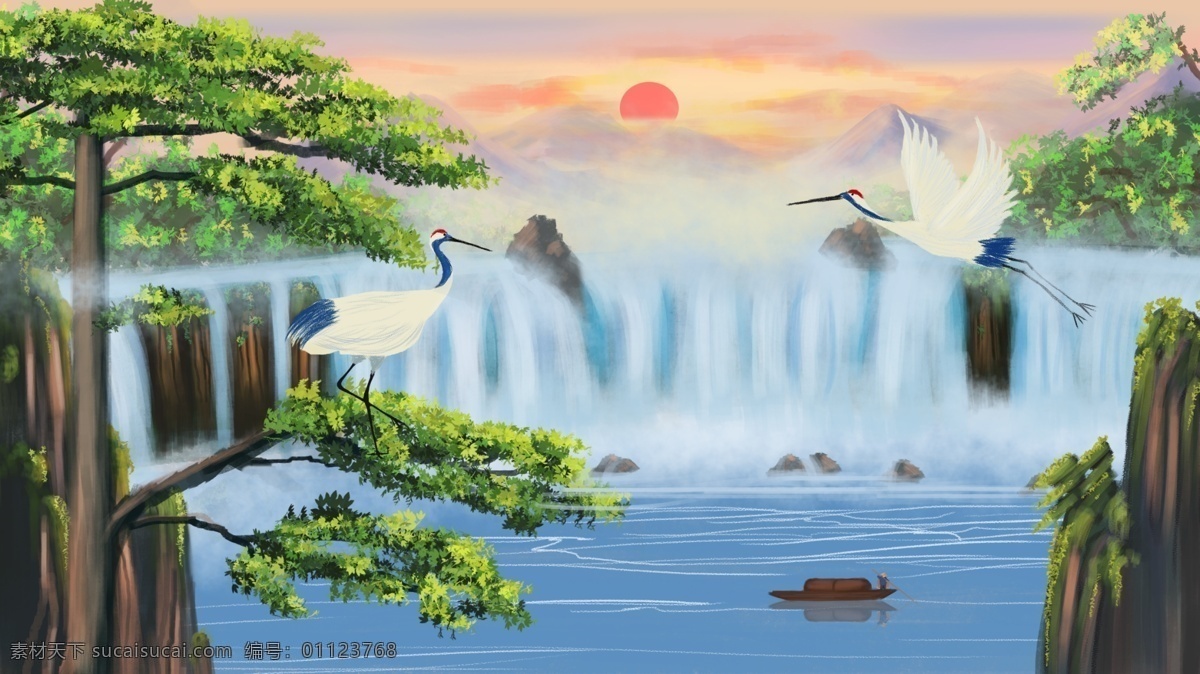 水墨 彩绘 中国 风 山水画 国画 山河 迎客松 仙鹤 中国风 传统文化 装饰画 水墨彩绘 落日 瀑布 二十四节气 墙画