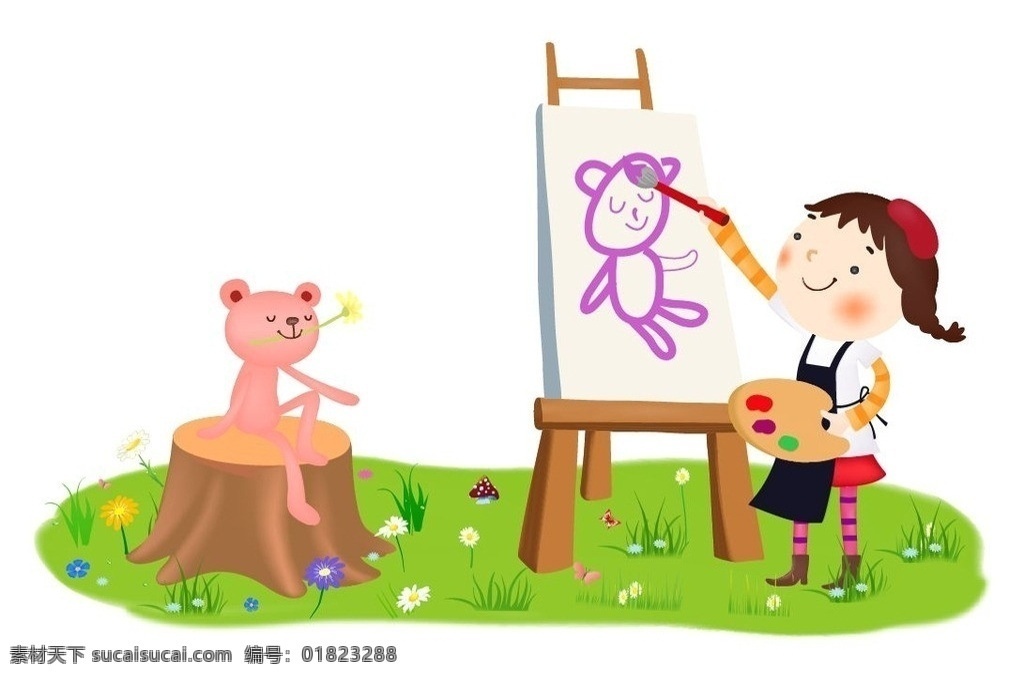 画画 的卡 通 女孩 兔子 卡通女孩 儿童幼儿 矢量人物 矢量