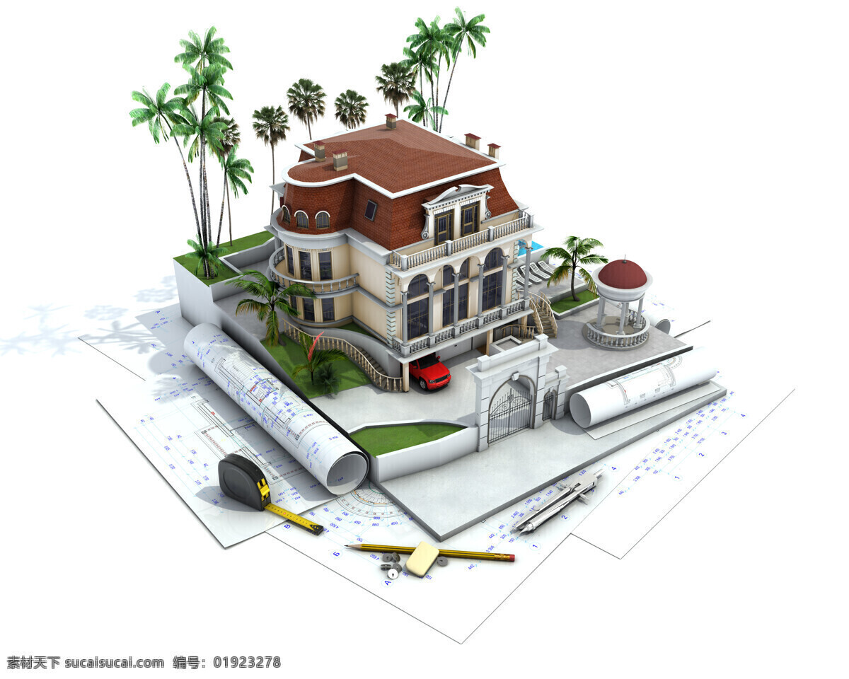 图纸 上 别墅 模型 房屋模型 别墅模型 椰子树 草地 汽车 米尺 笔 建筑设计 环境家居