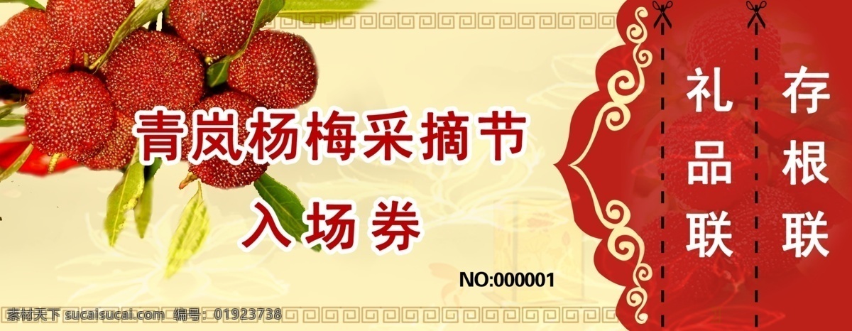 杨梅 采摘 入场券 源文件 使用须知 纹理 祥云图案 杨梅采摘 虚线条 存根联 礼品联 精美 水印底图 原创设计 原创名片卡