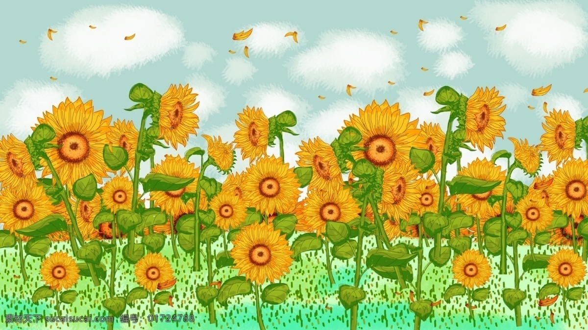 清新 阳光 向日葵 广告 背景 蓝天 花瓣 花朵 云朵 手绘 广告背景