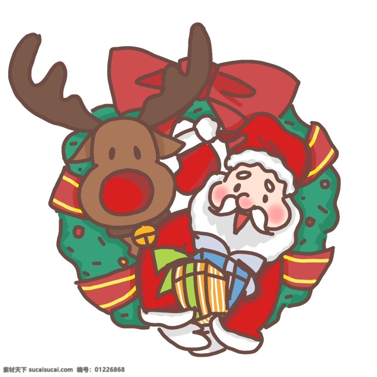 圣诞老人 麋鹿 送礼 物 圣诞节 系列 四 开心 抱着 礼物 圣诞树 蝴蝶结 绿色 卡通 手绘 蓝色 大红色 飘带