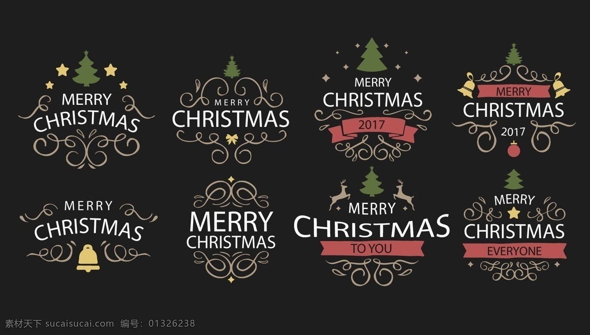 漂亮 花纹 圣诞 标签 圣诞树 圣诞节 矢量素材 复古 铃铛 英文