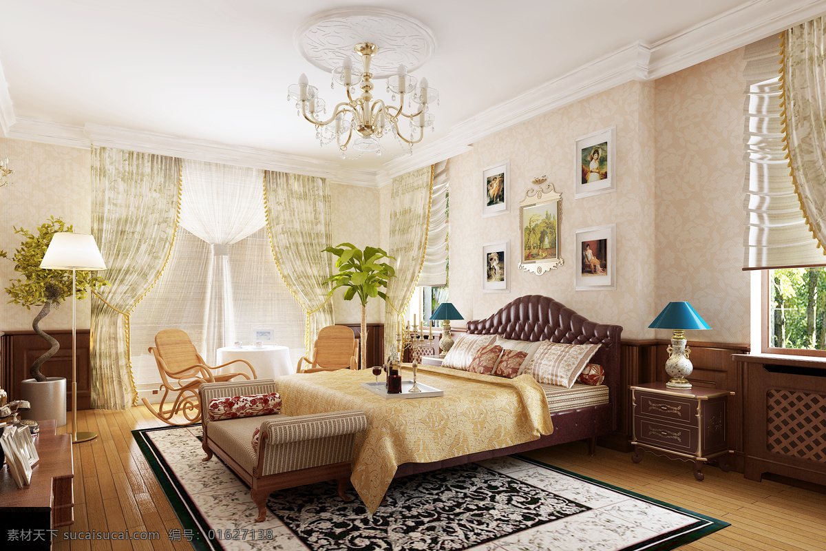 窗帘 床 地毯 吊灯 方案 环境设计 简欧风格 欧式 欧式卧室 欧式风格卧室 卧室 室内 装饰画 室内设计 家居装饰素材