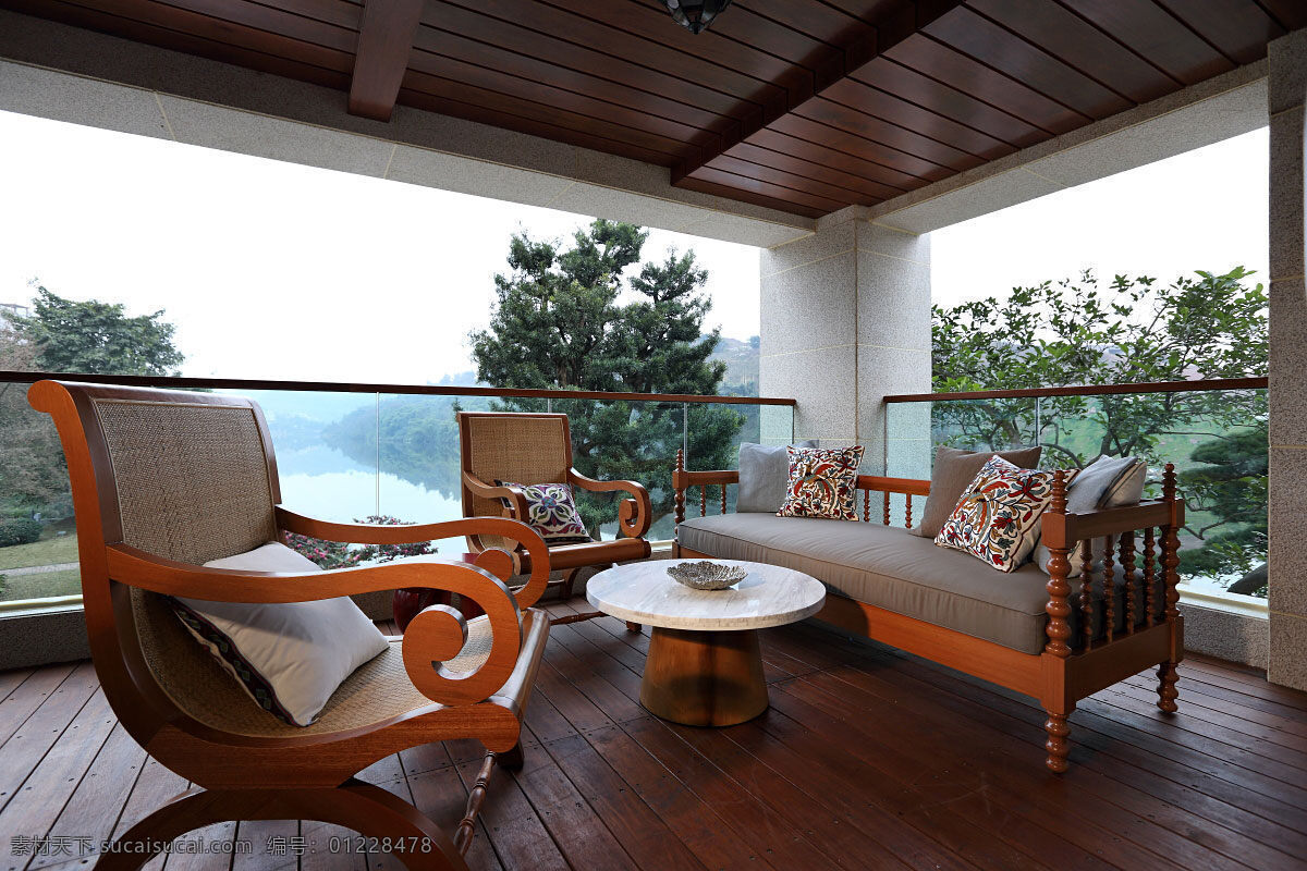 简约 室外 休闲区 圆形 茶几 装修 效果图 玻璃栏杆 木地板 木质吊顶 亭子 椅子