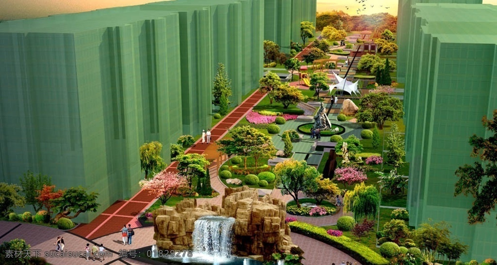 小区 景观 鸟瞰图 模型 小区模型 景观模型 景观鸟瞰模型 居住区 室外模型 雕塑 喷泉 园林景观模型 3d设计模型 源文件 max
