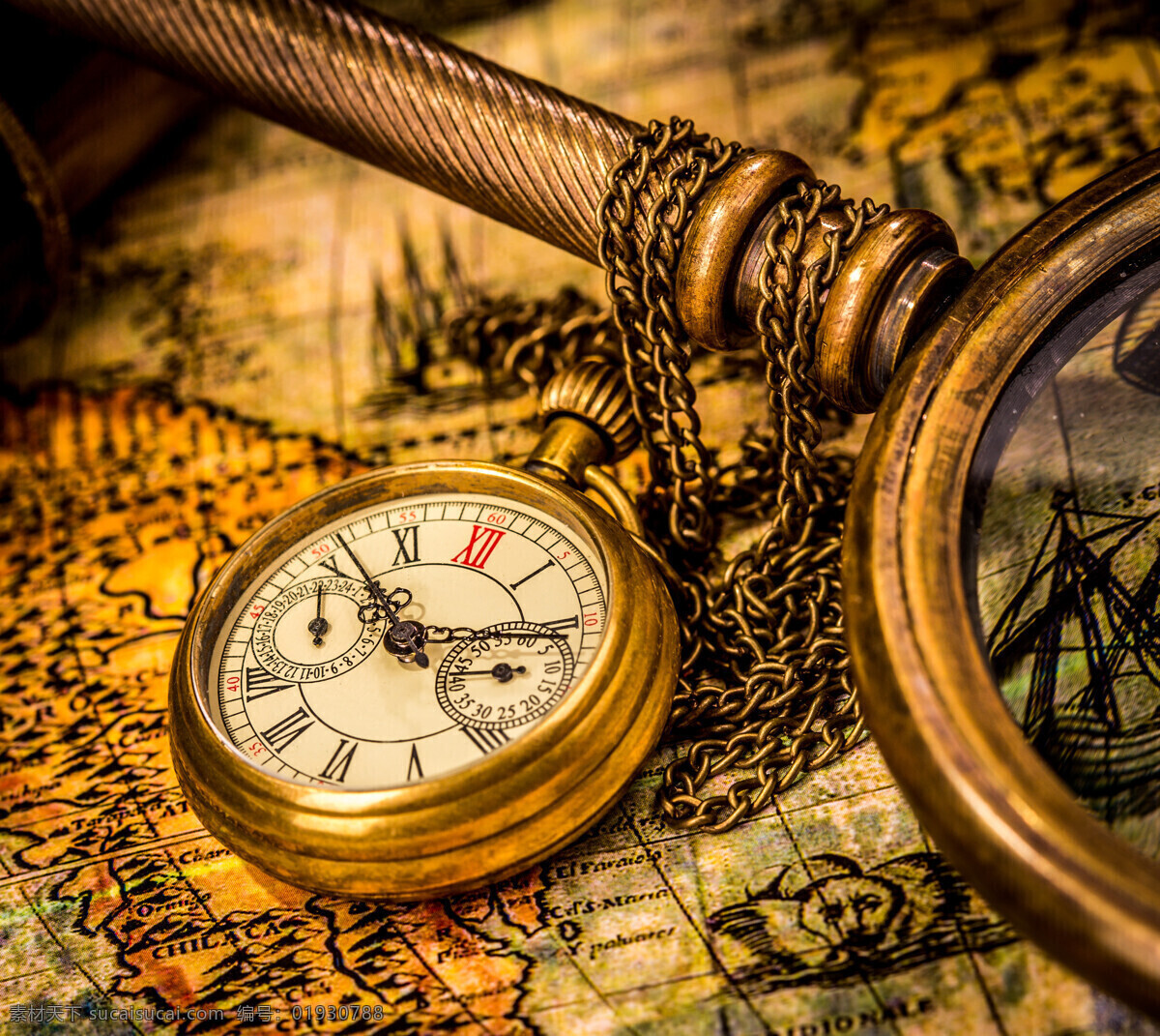 指南针 放大镜 链条 地图 航海地图 怀旧 复古 航海 探险 古典 其他类别 生活百科