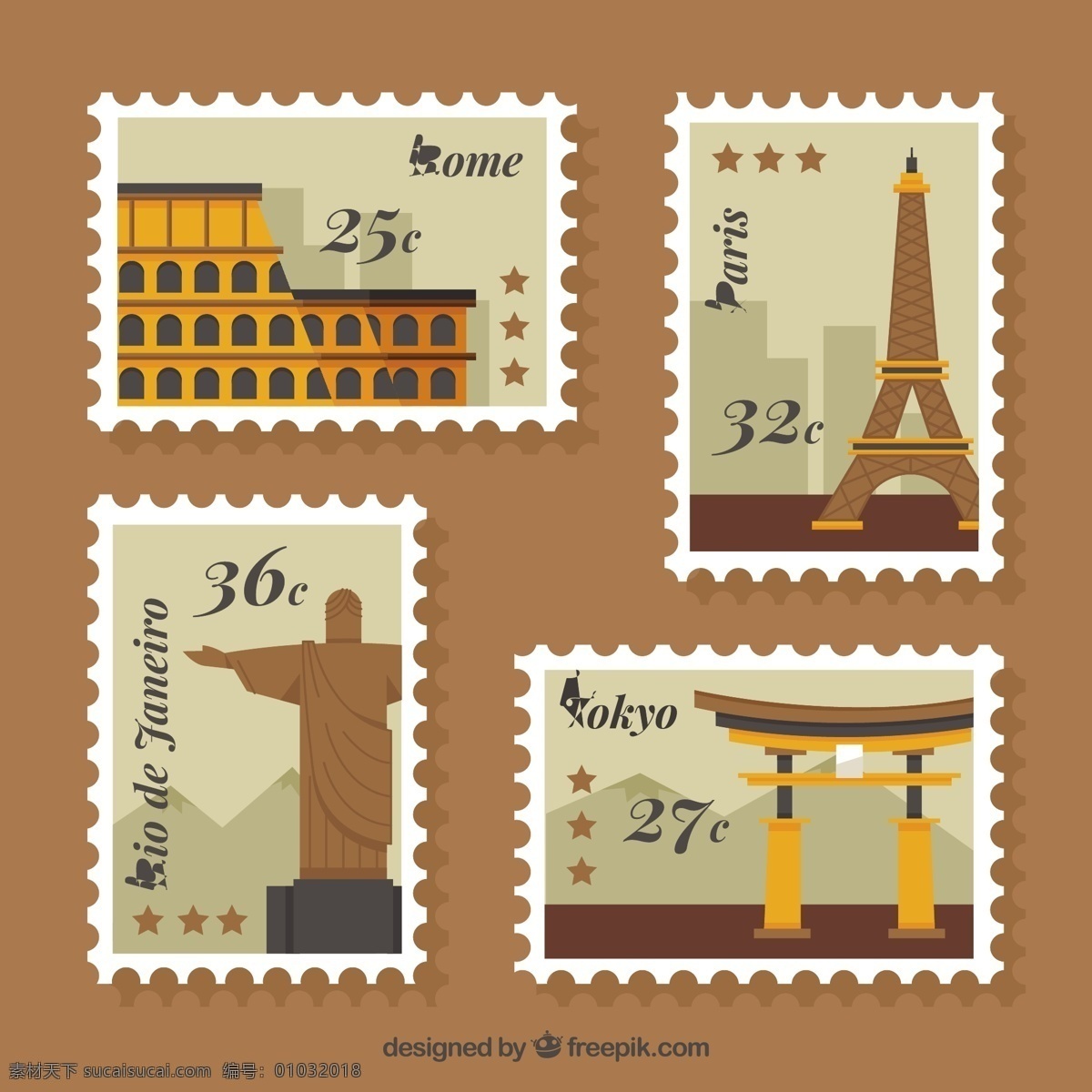 四 城市 邮票 图标 四个 城市邮票