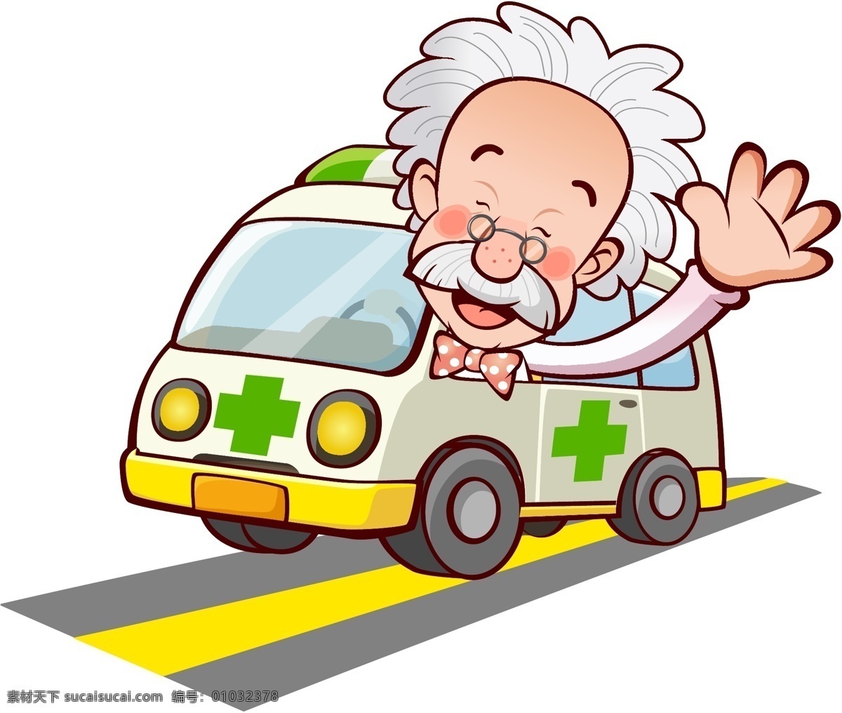 救护车 打招呼 医生 马路 道路 公路 医院 护士 老人 手绘 卡通 漫画 卡通人物 漫画人物 卡通形象 矢量人物 矢量素材 白色