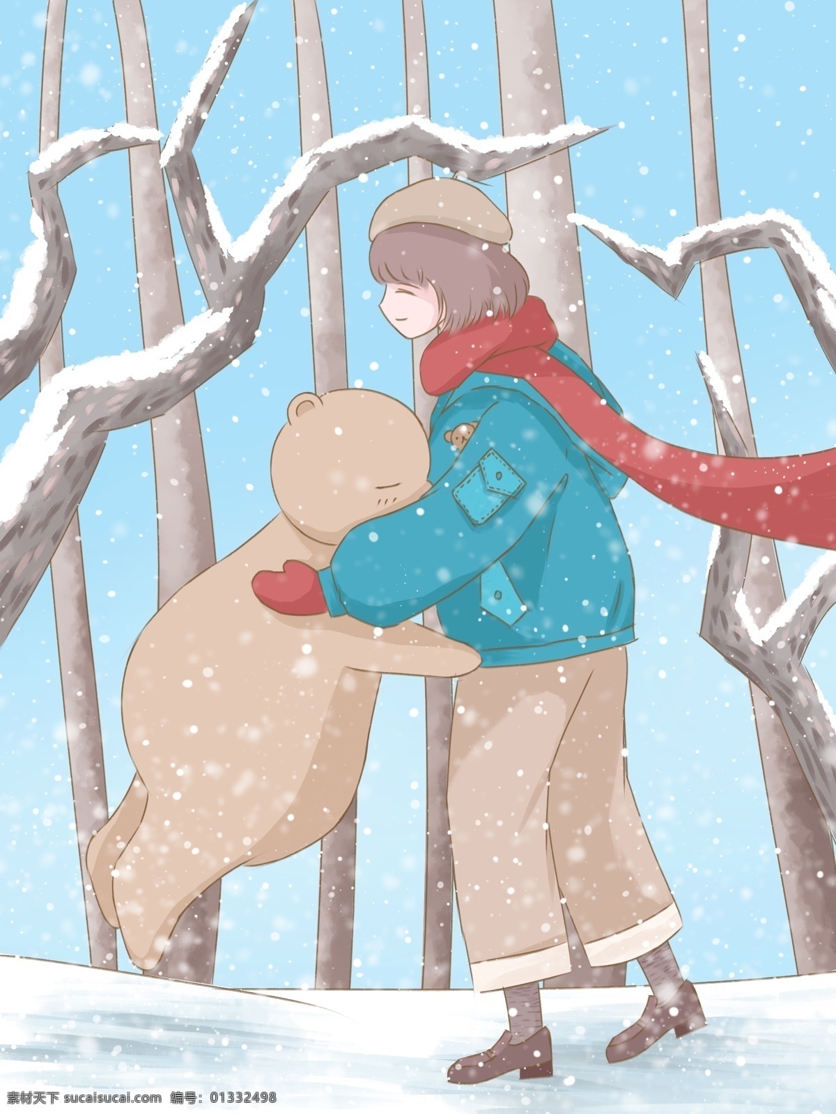 冬至 插画 冬天 树林 里 拥抱 女孩 小 熊 清新 可爱 壁纸 雪景 树 雪 小熊 冬装 治愈 背景 日签