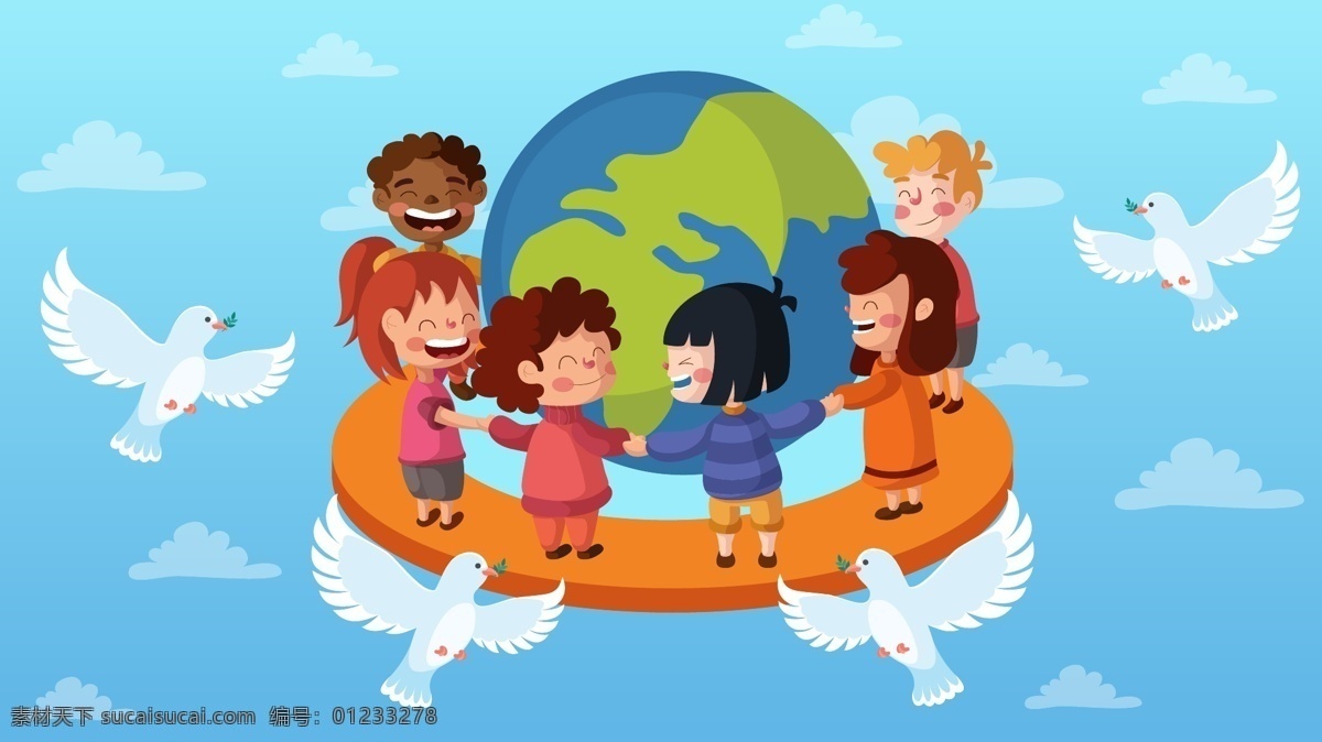 世界 平日 各国 小朋友 保护 地球 和平 矢量 插画 和平鸽 橄榄枝 蓝天 白云 世界和平日 各国小朋友 保护地球 矢量插画