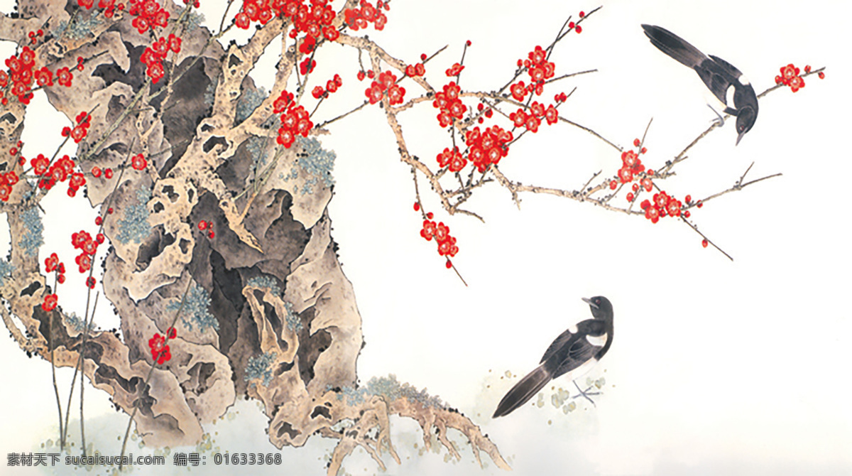 腊 梅 红 色 国画 鸟 自然景观 自然风光