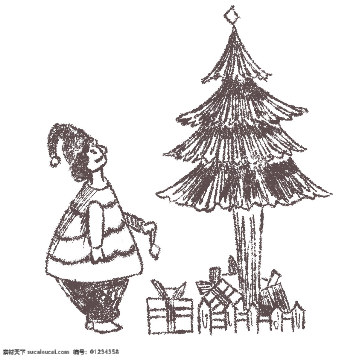 线描 手绘 圣诞树 插画 线描圣诞树 线帽圣诞帽 线描礼盒 手绘卡通人物 圣诞节 礼盒 线描蝴蝶结