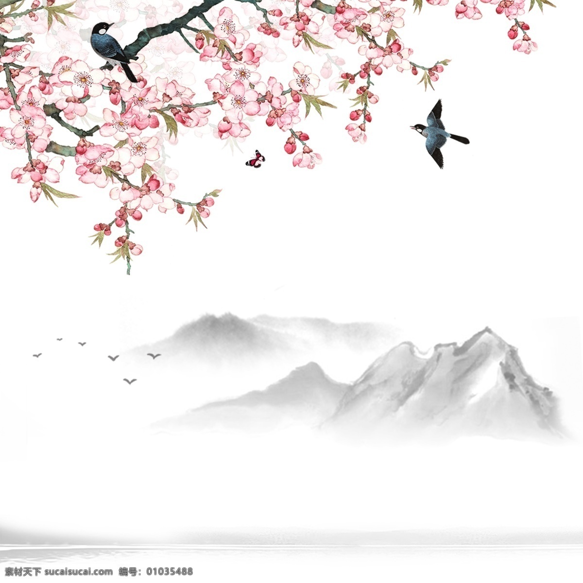 清新 意境 粉色 花朵 装饰 元素 银色 山峰 燕子 花枝 树枝 粉色花朵 桃树 装饰元素 鸟类