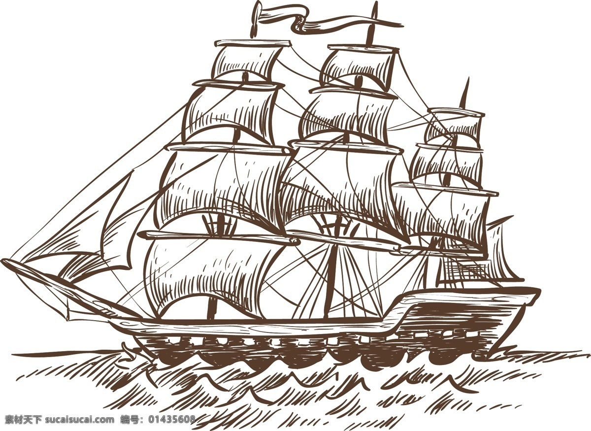 矢量帆船 手绘 帆船 沧桑 古老 历史感