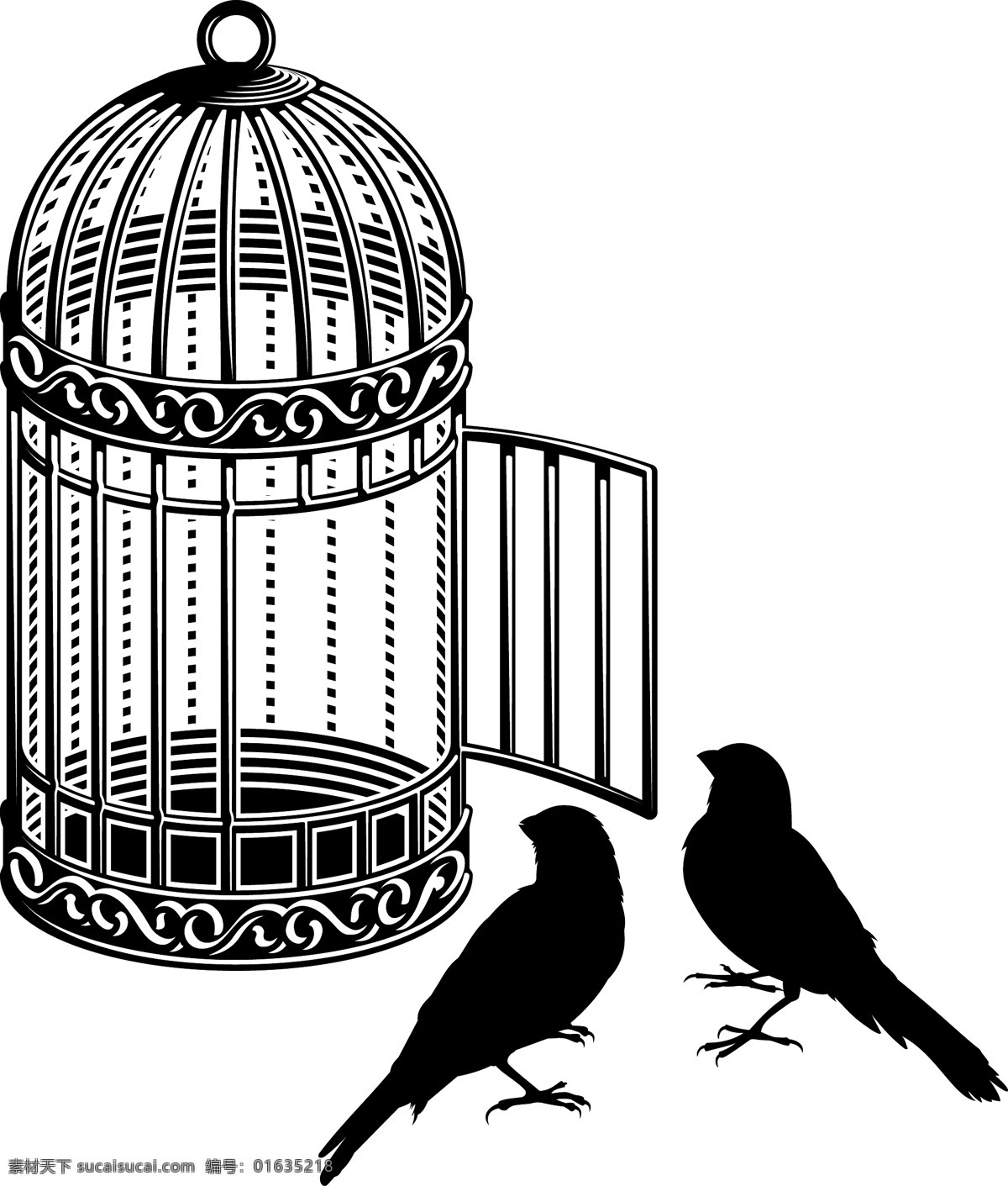 黑白 鸟笼 小鸟 插画 动物 卡通 可爱