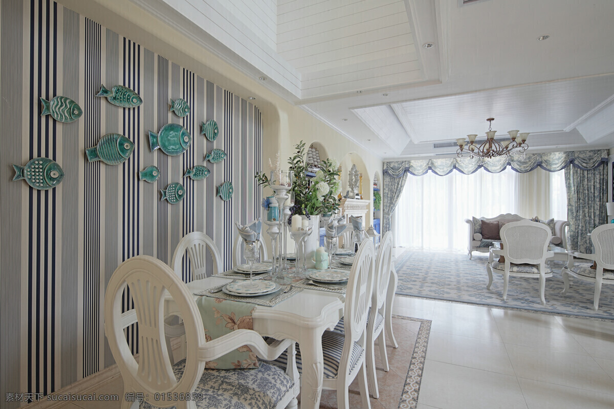 地中海 蓝色 凋 装修 效果图 蓝色凋 条纹形状墙 白色餐桌 白色吊顶