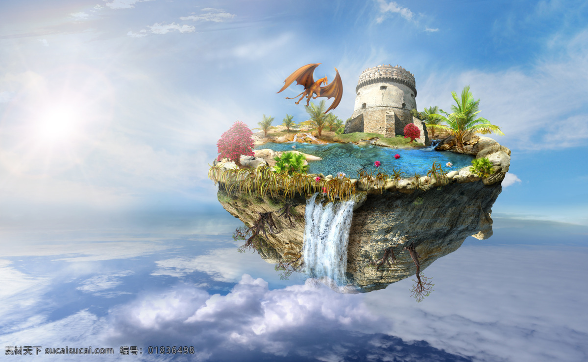 悬浮 岛上 城堡 飞行岛 漂浮的小岛 悬浮岛 瀑布 蓝天 天空 美丽风景 美丽景色 美丽风光 美景 自然风景 自然景观 白色