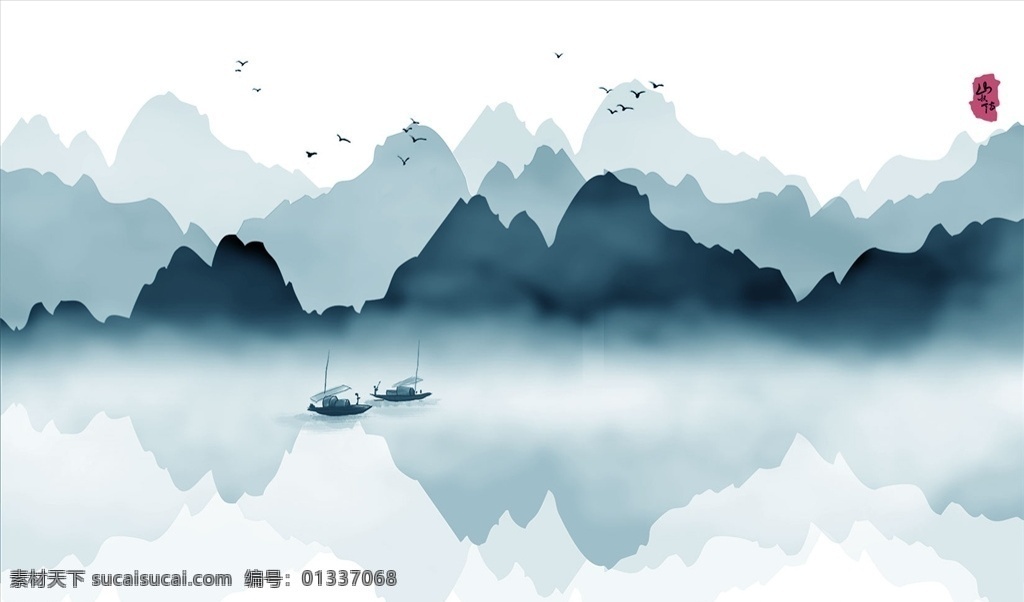水墨山水 小船 背景墙图片 太阳 大雁 背景墙 电视背景墙 现代背景墙 简约背景墙 中式背景墙 分层