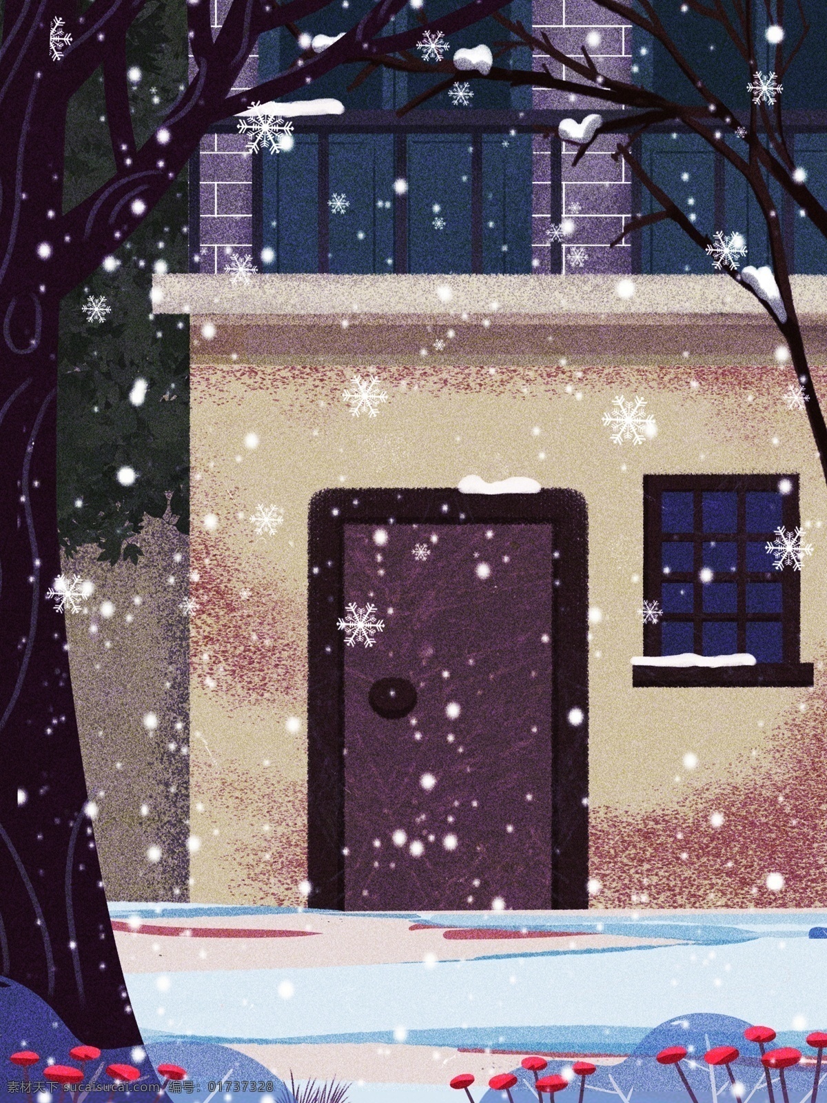 简约 冬季 雪地 房子 背景 建筑 背景图 创意 下雪 冬天 大树 广告背景 彩绘背景 背景展板 促销背景 背景展板图