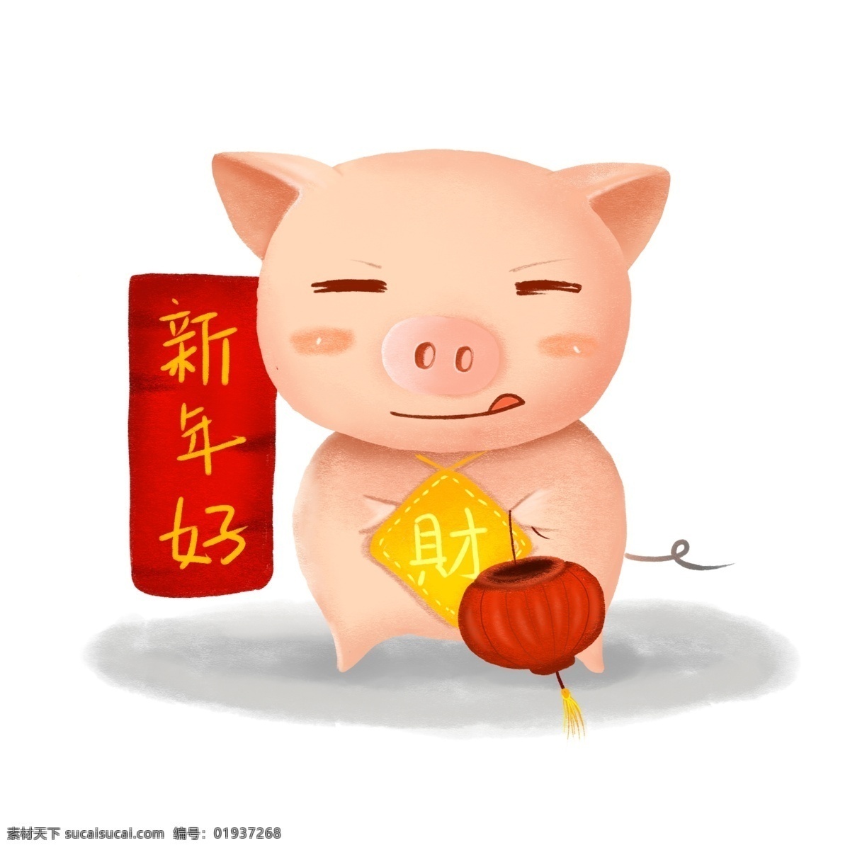 手绘 新年 好 拜年 猪 财 灯笼 卡通猪 新年好 红色灯笼 发财猪 可爱猪 手绘猪 萌猪