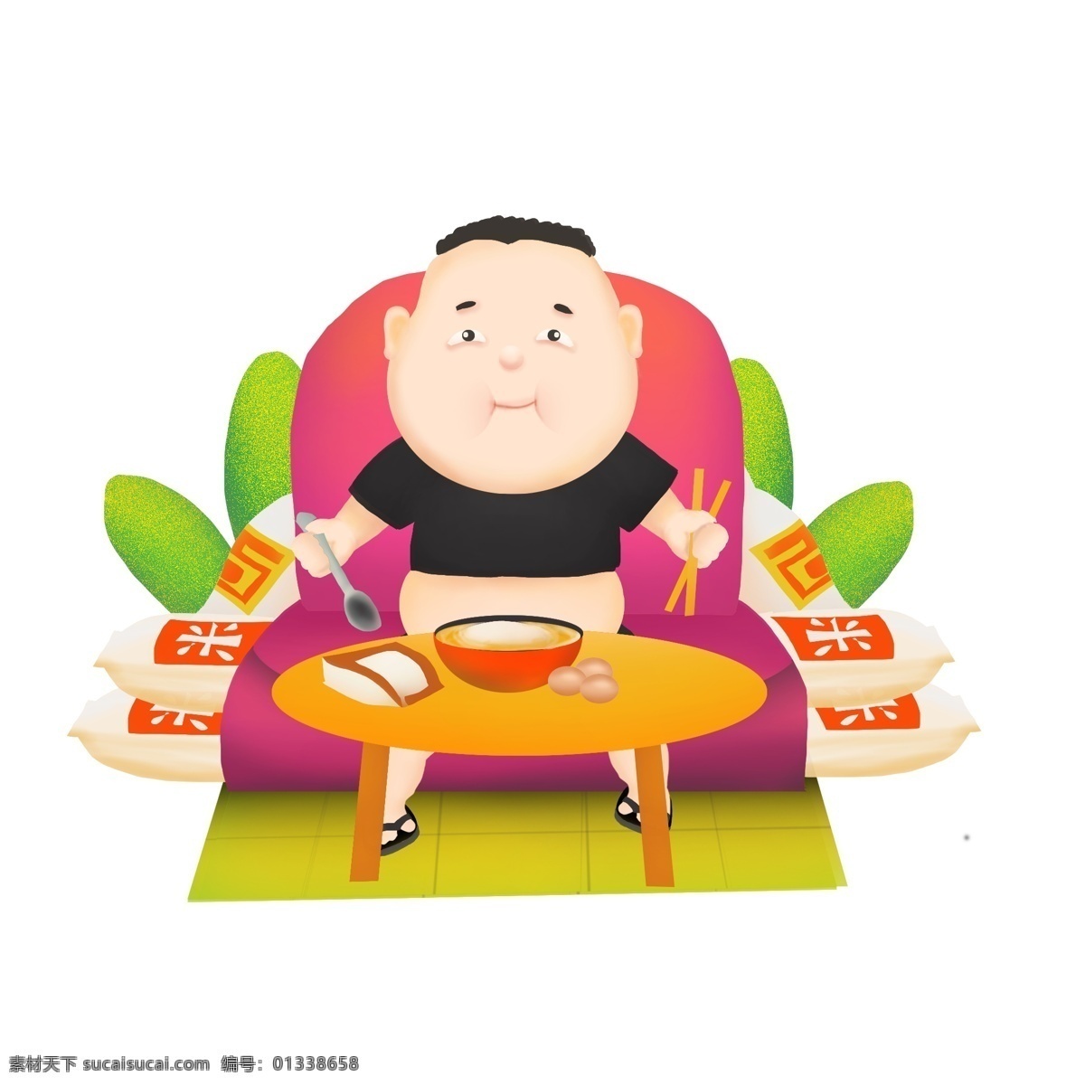 商用 高清 手绘 各种 胖子 不 运动 胖胖 吃饭 饭桌 可商用 大米 卡通人物形象 植物