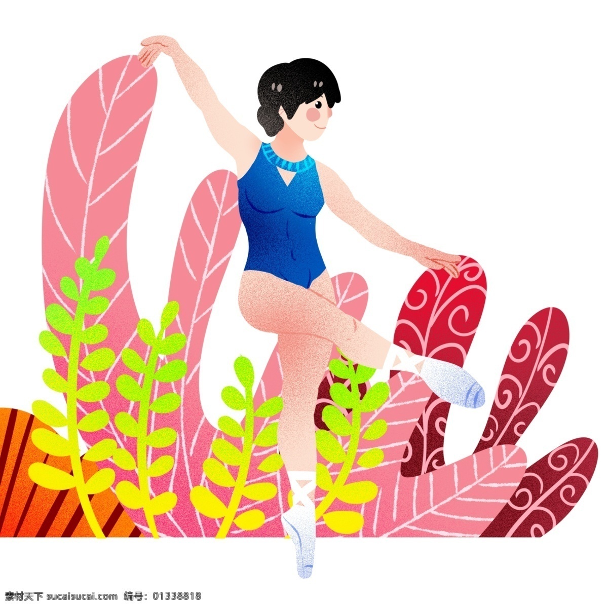 健身 小女孩 插画 运动健身插画 跳舞健身 粉色的叶子 跳舞的小女孩 卡通的人物 户外运动