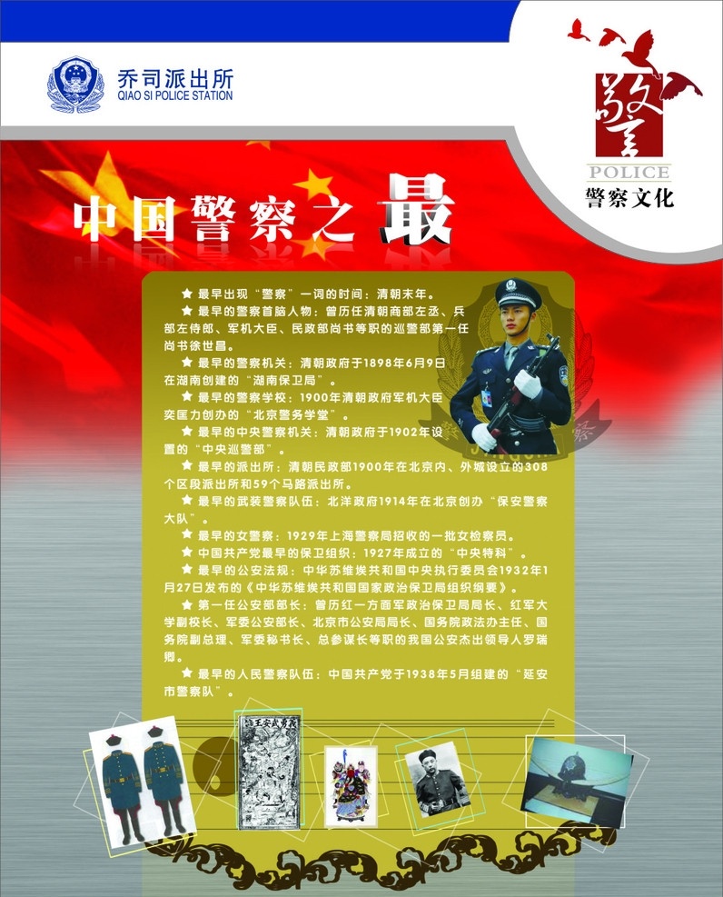警察文化 中国警察之最 乔司派出所 五星红旗 警察 展板模板 矢量