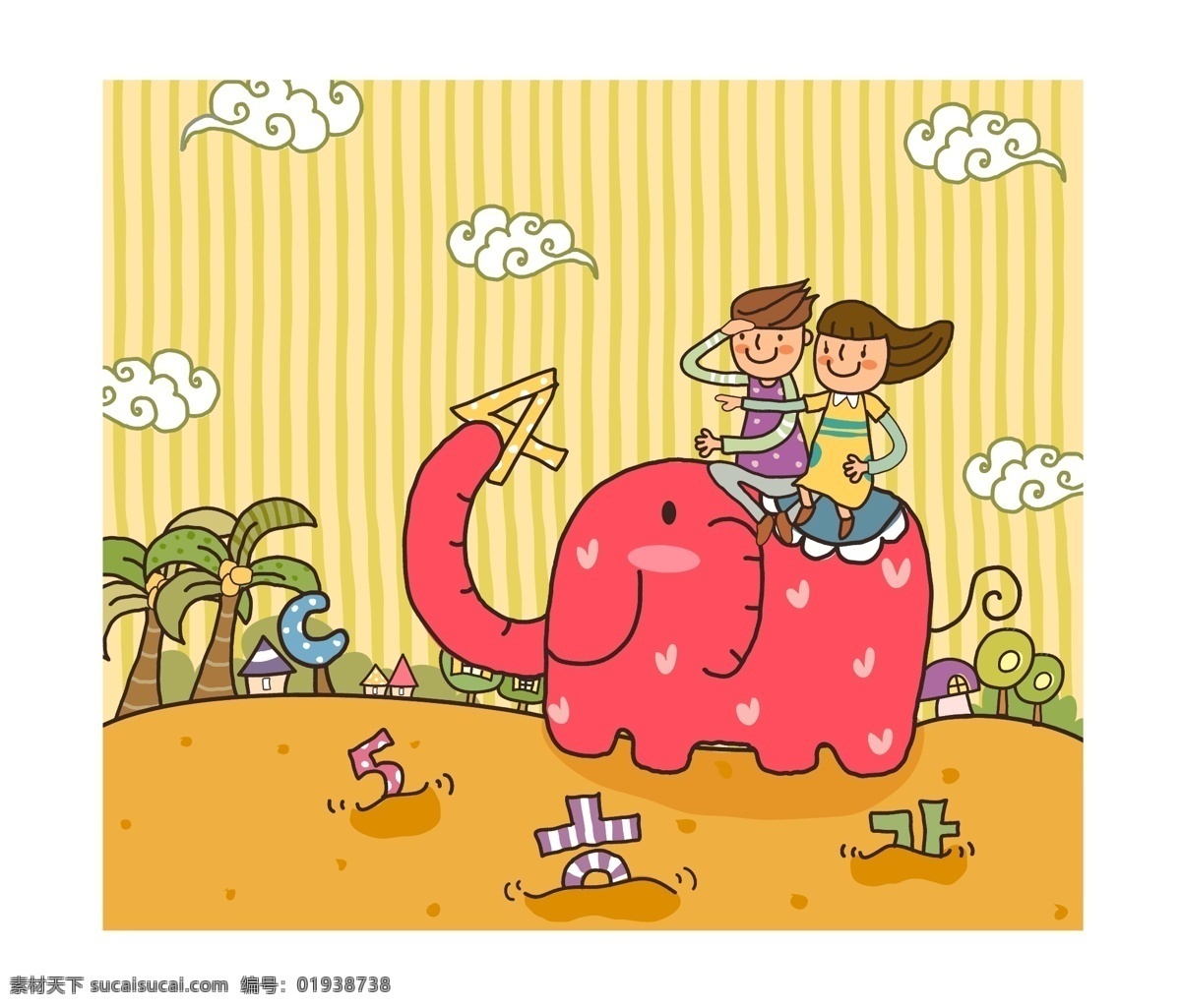 骑大象的孩子 动物 大象 孩子 插画 黄色