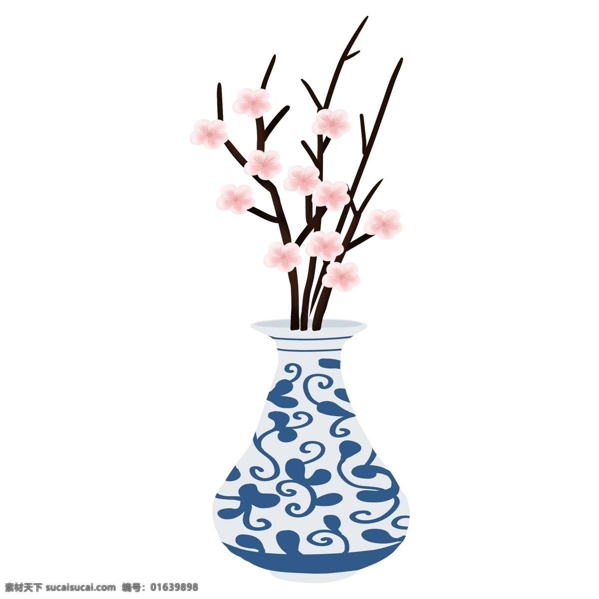 清新 风 花枝 盆栽 透明 中国风 水彩 盛开 装饰图案 免扣素材