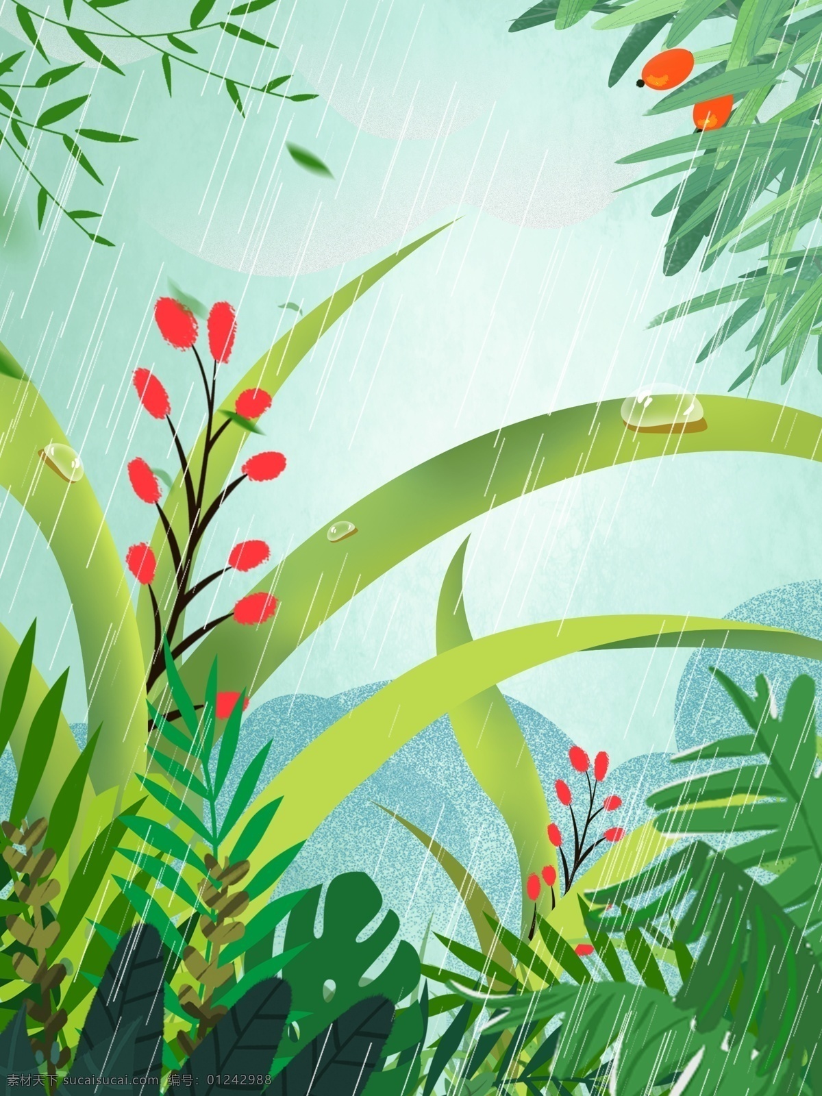 蓝色 雨水 节气 植物 背景 广告背景 背景素材 植物背景 psd背景 花卉背景 通用背景 卡通背景 下雨