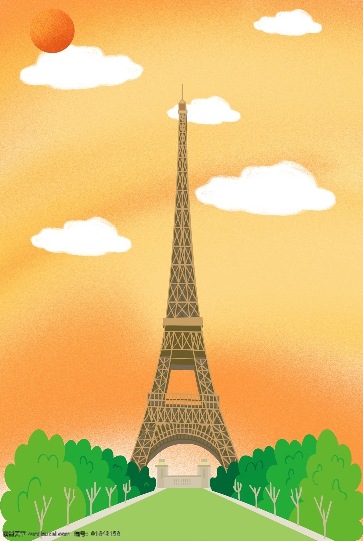 自然风景 创意 背景 合成 简约 巴黎铁塔 树木 天空 白云 卡通