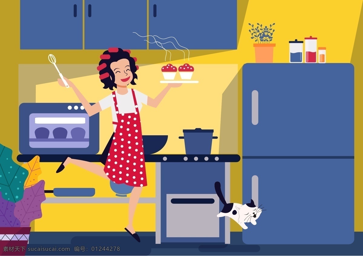 休闲 在家 制作 美食 美味 食品 猫咪 烤箱 电冰箱 厨房 居家 居家服 烫发卷发 人物图库 生活人物