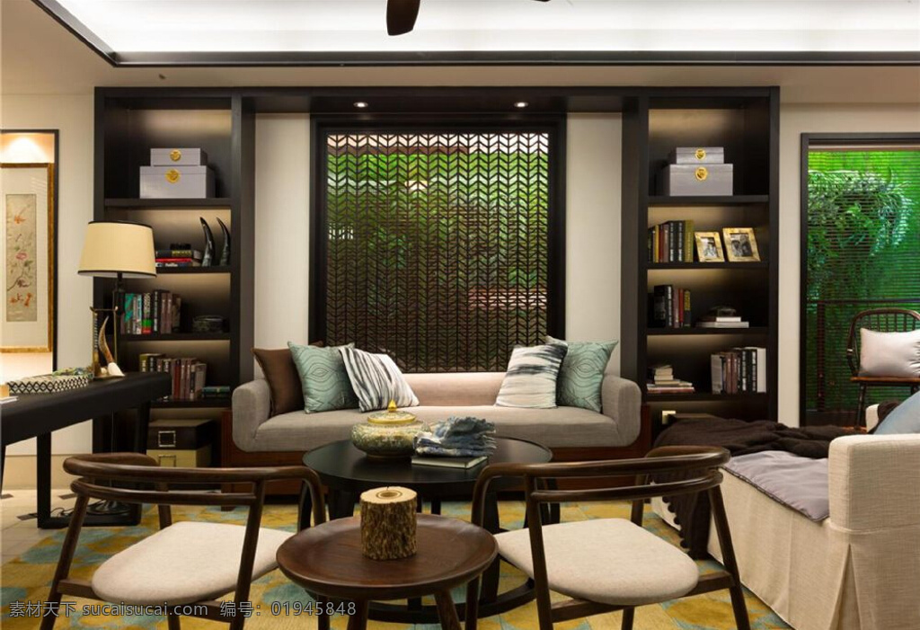 现代 时尚 客厅 绿色 挂画 室内装修 效果图 黄色地毯 白色沙发 圆形茶几 木制椅子
