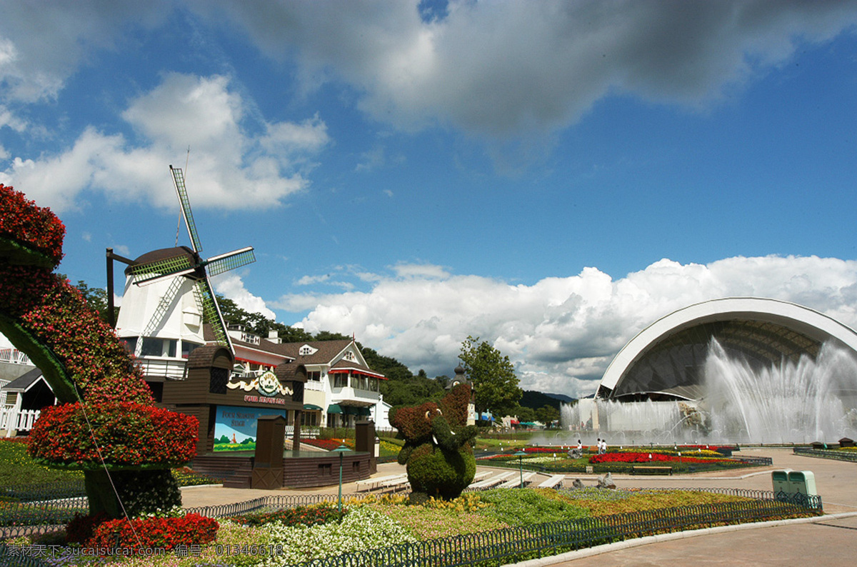 韩国 某处 风景 白云 别墅 风车 花草 街景 蓝天 喷泉 生活 旅游餐饮