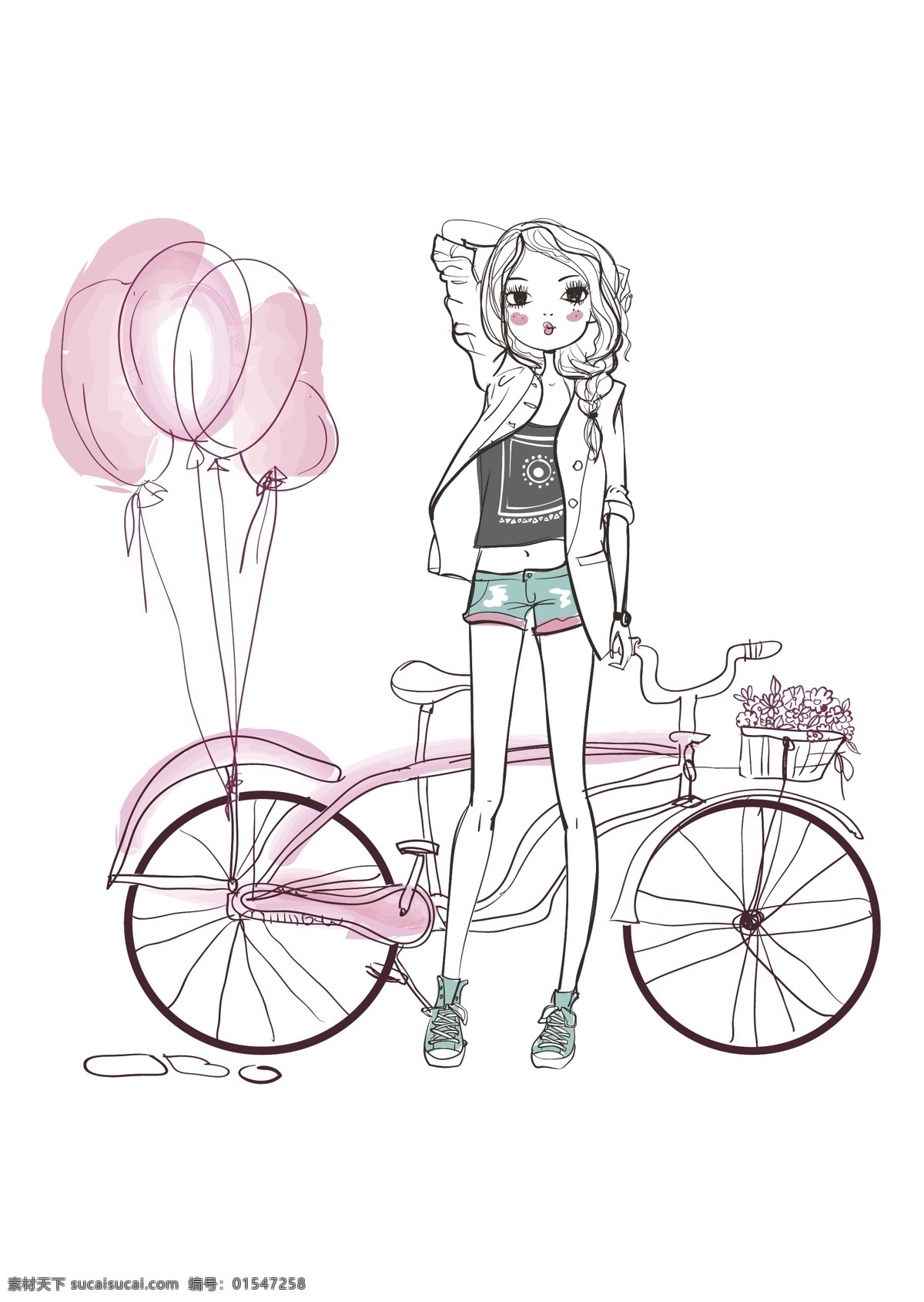 单车女孩 清新女孩 单车 女孩 气球 时尚 美丽 小类 卡通设计