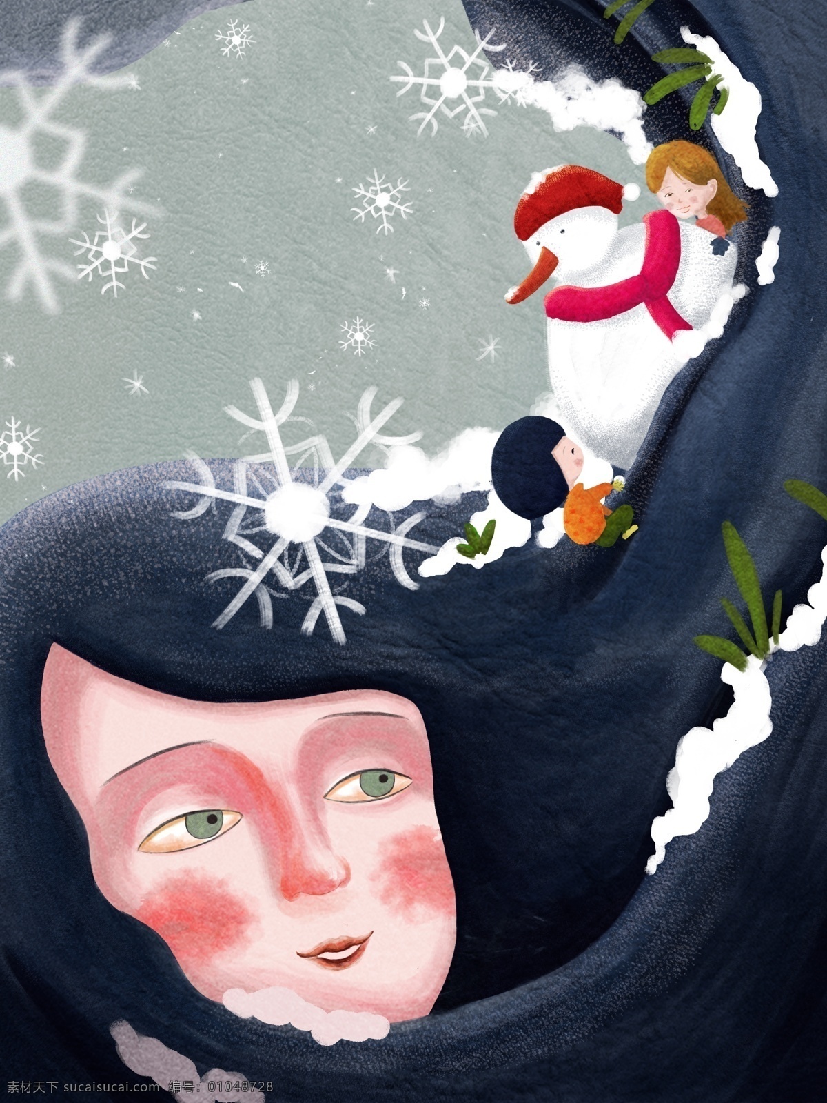冬天 可爱 女孩 堆 雪人 治愈 手 卡通 插画 温馨 小清新 堆雪人 打雪仗 雪 头发 母亲 手绘