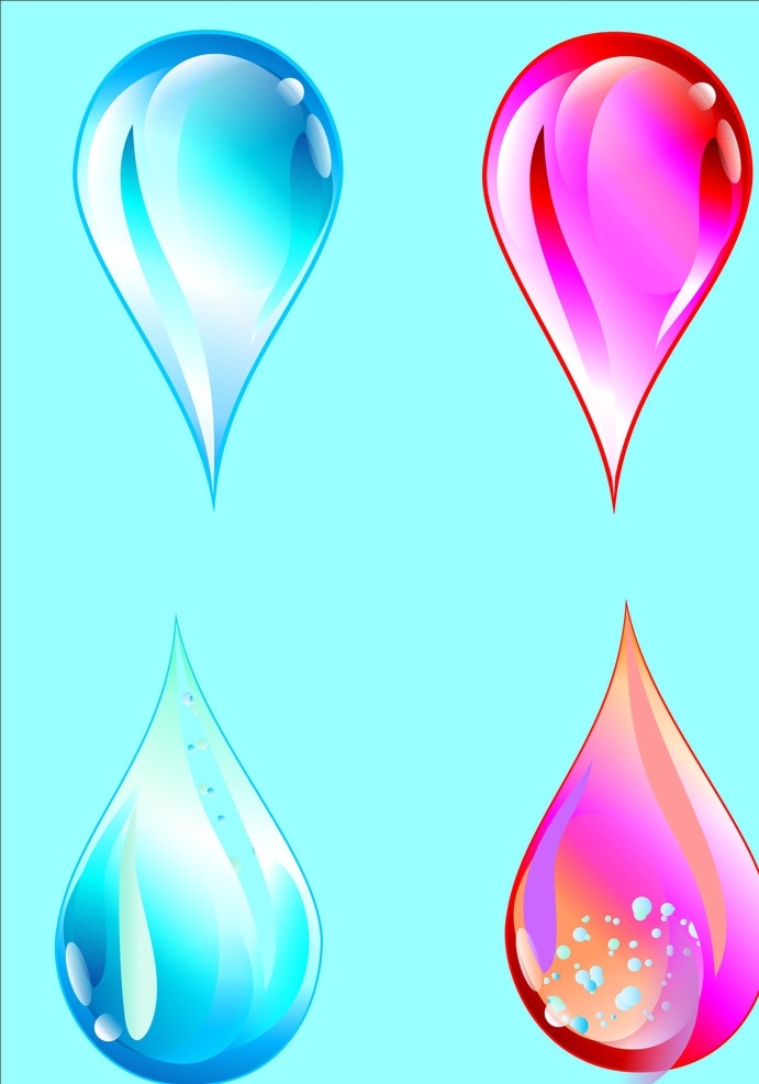 矢量水珠 水珠素材 不同颜色水珠 蓝色 粉色 水滴 背景素材 展板模板