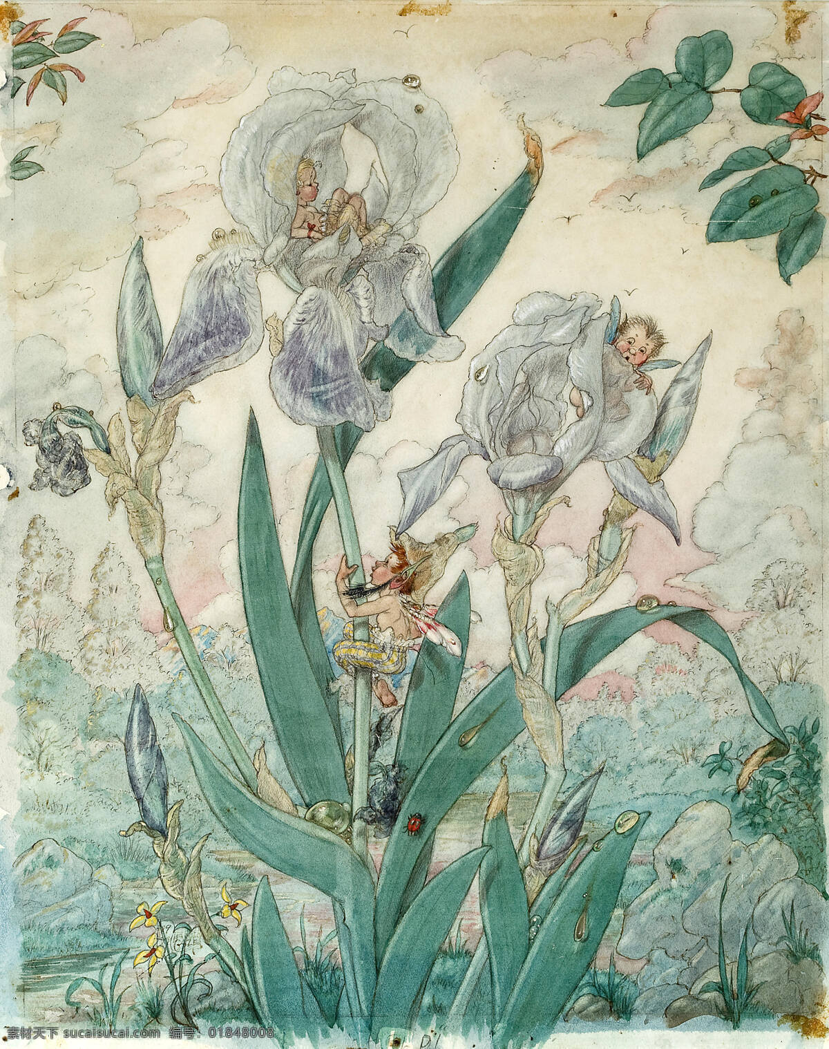 童话故事 白色鸢尾花 树林中 小精灵 飞来飞去 世纪 水彩画 文化艺术 绘画书法