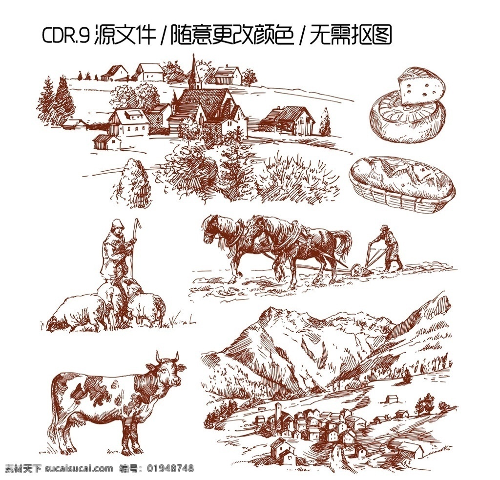 手绘 复古 田园 矢量图 手绘田园 卡通田园 矢量素材 矢量 插画 复古田园 cdr素材 手绘矢量图 红色 黄色 粉红色 红色背景 cdr源文件 欧式 线稿 手绘素材 耕作 放牧 割草 牧场 面包 速写 村庄 素材共享 底纹边框 其他素材