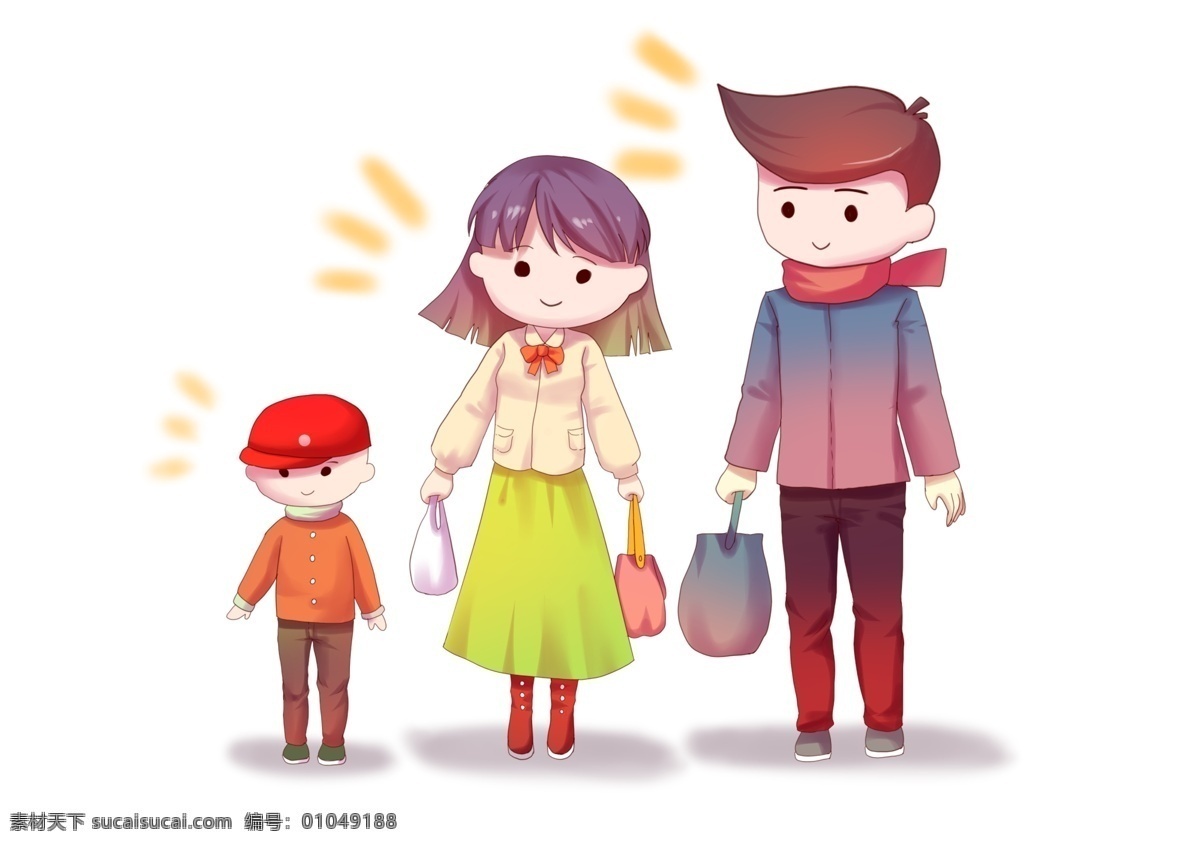 一家 三口 带 行李 回乡 清明节 节日 回家 帽子 小孩子 夫妻 短发 手提包 裙子 蝴蝶结 围巾 可爱 笑脸 笑容 出行