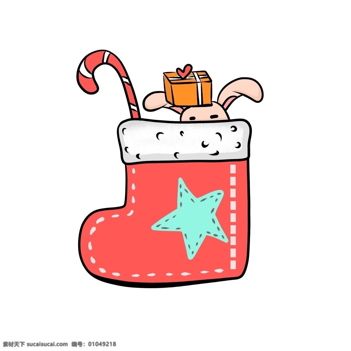 圣诞节 装满 礼物 袜子 圣诞袜 礼物盒子 玩具 兔子 拐杖 红色 星星 手绘 物品 好玩 卡通 可爱