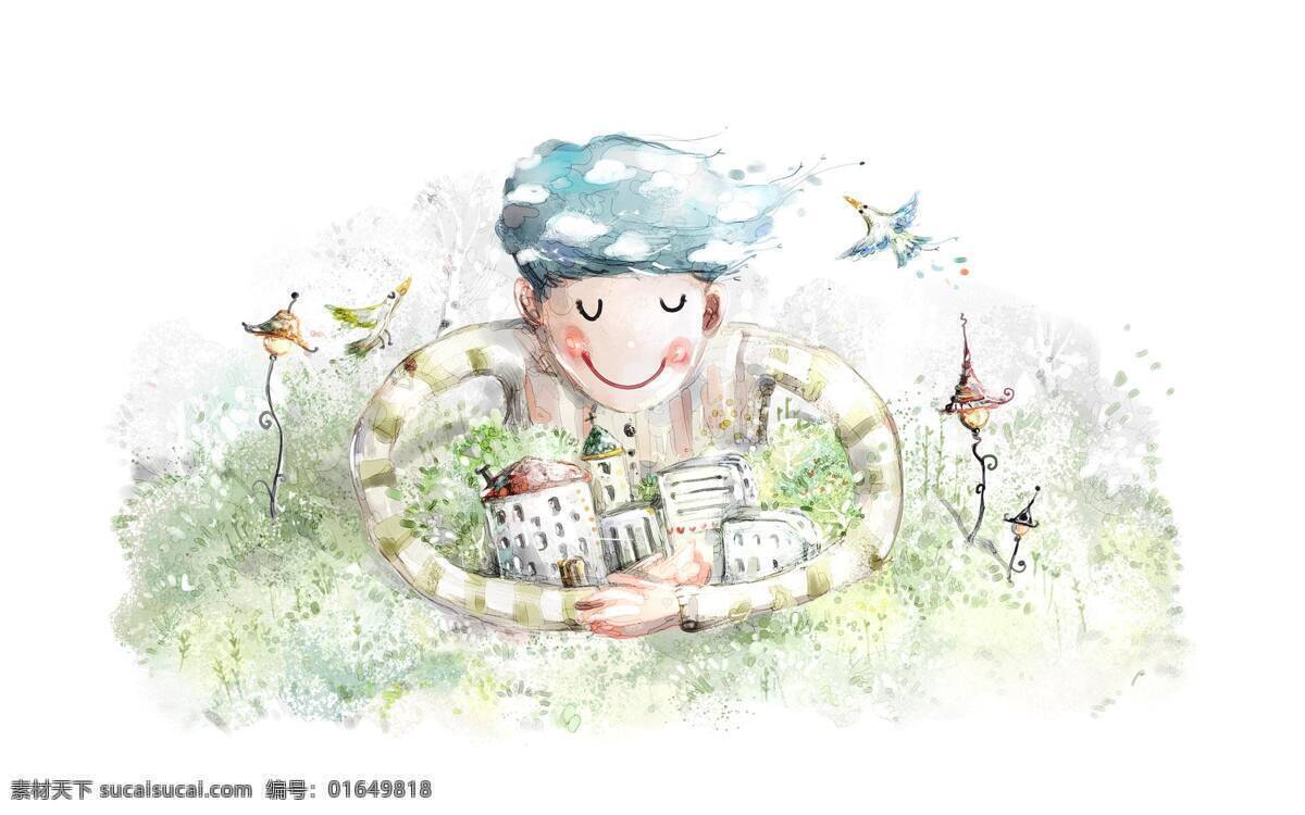 只能 梦 中 才能 拥抱 城市 建筑物 卡通 梦幻 小孩 动漫 可爱