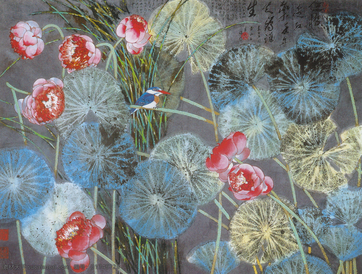 红花翠鸟图 红花 小鸟 绘画 灰色