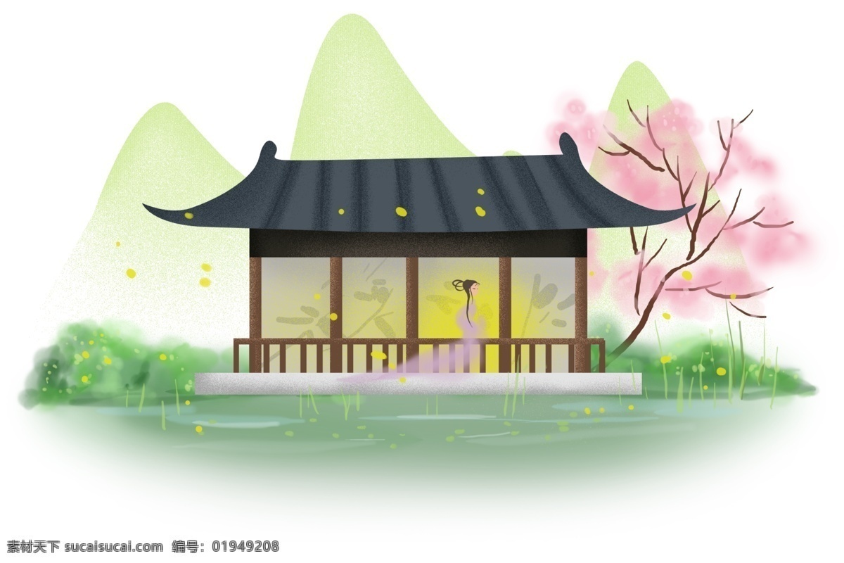 中国 风 庭院 中 少女 萤火虫 古典园林 湖 湖水 仕女 春天 中国建筑 聊斋 仙境 仙女 传统建筑 树木 立春 亭子 夏天 中国风 古风