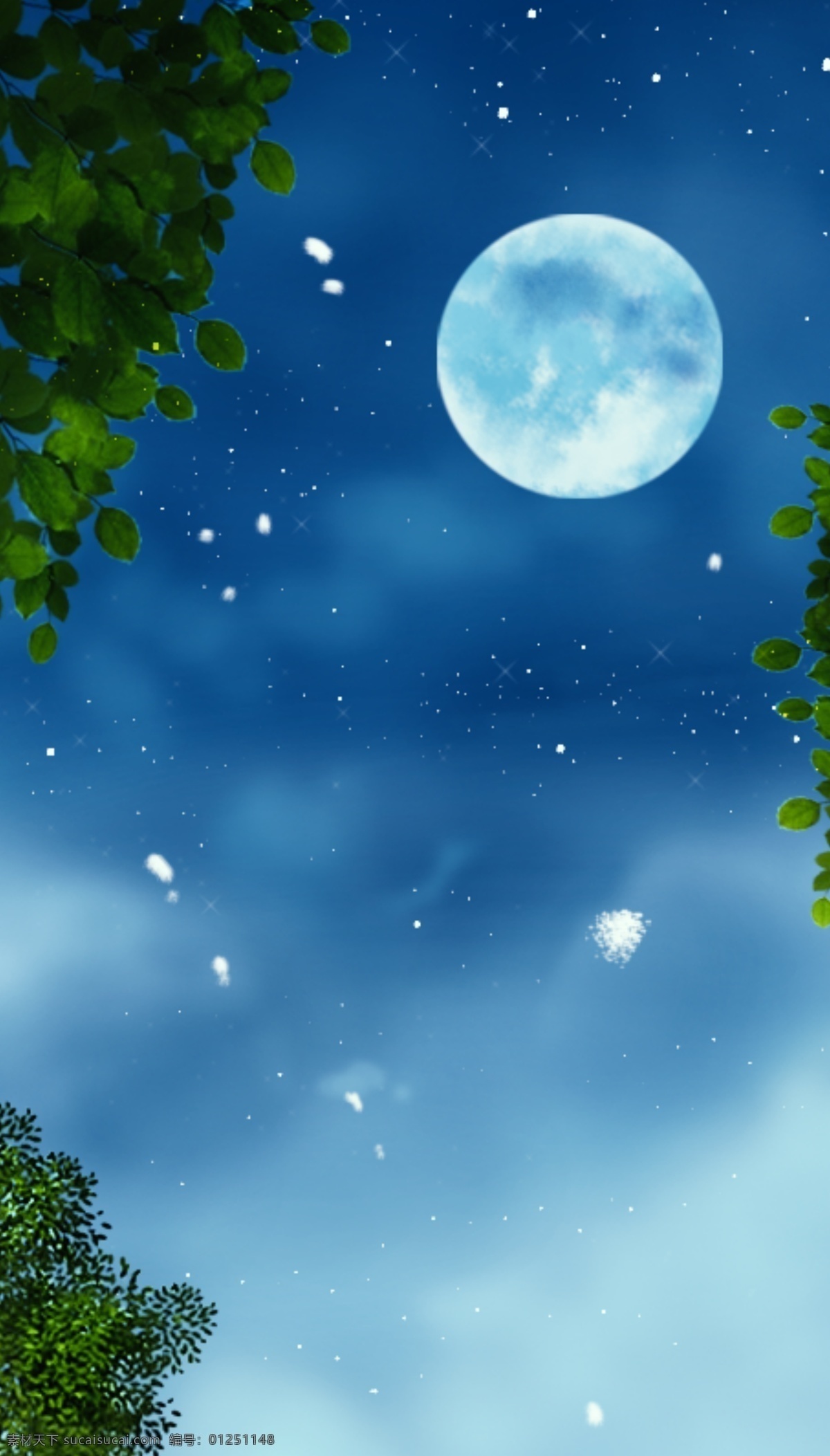 月夜 天空 月亮 云层 树 树叶 月色 夜空