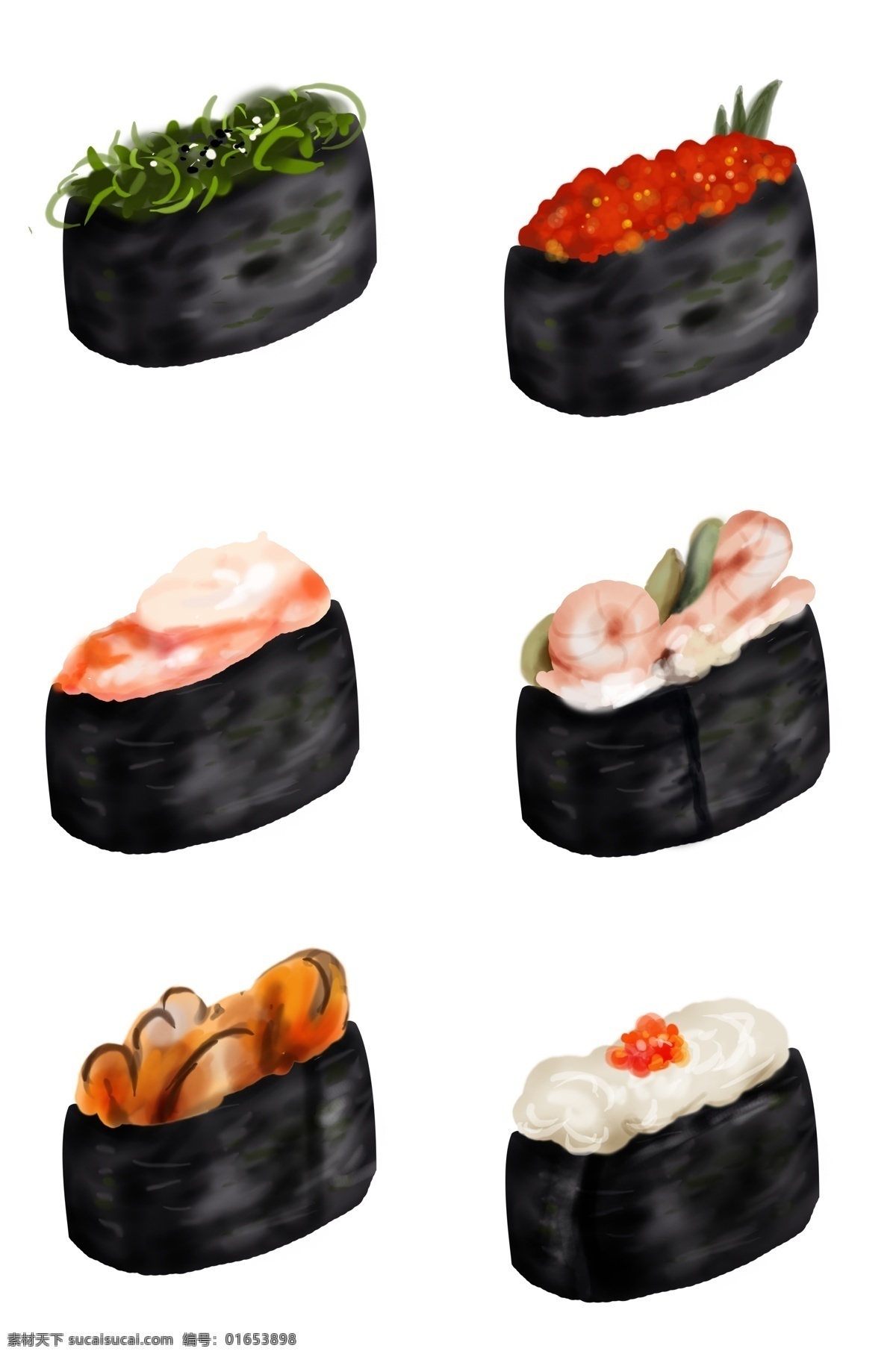 手绘 多种 日 料 寿司 韩国 料理 鱼肉 美味 海鲜 鱼子 米 海苔 插画 美食 日本 日式 食物 韩式