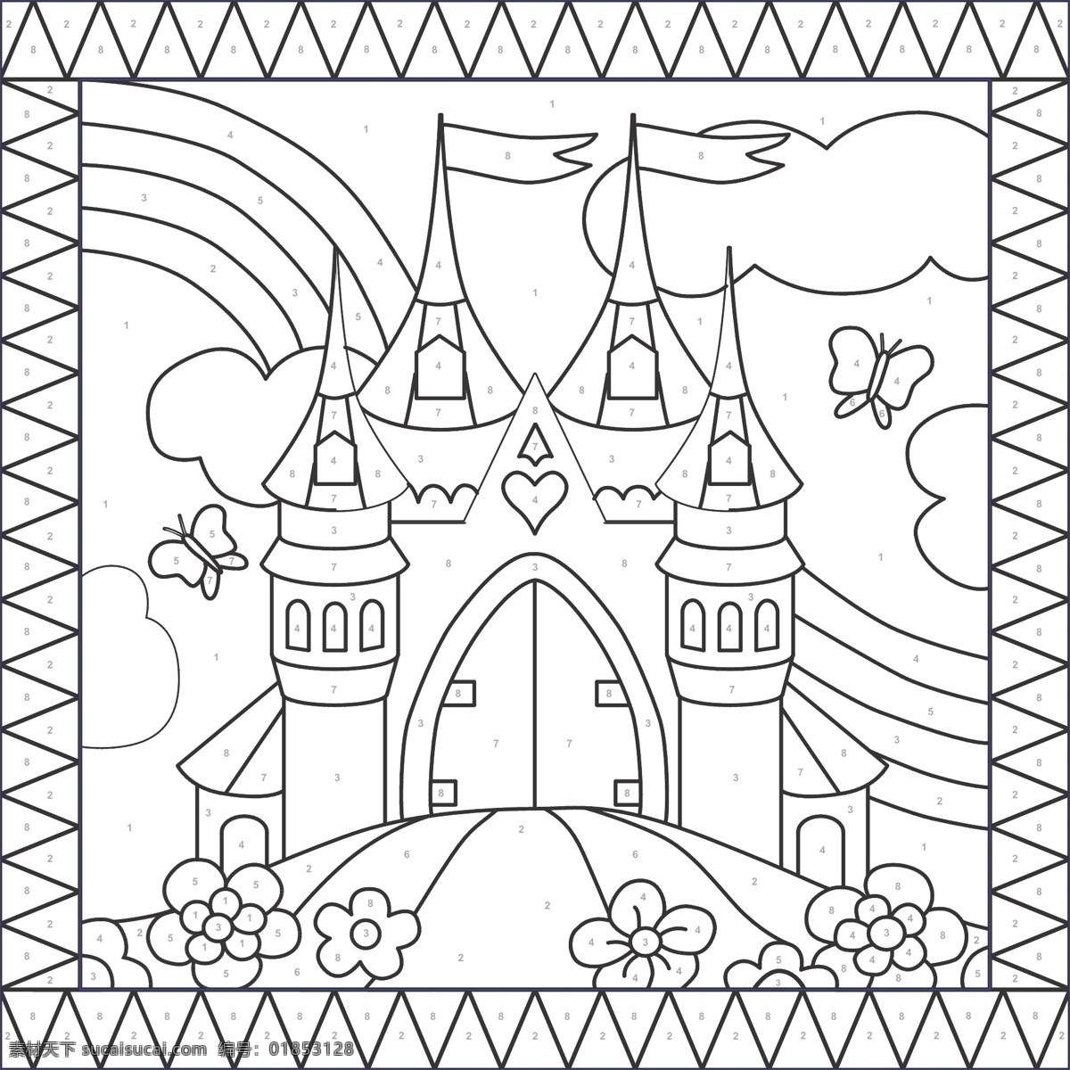 儿童 城堡 线条 画 原创 卡片 单色 单色花 线描图 白色
