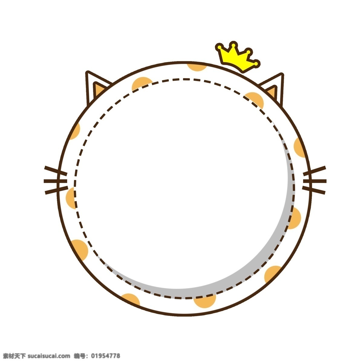 卡通 圆形 皇冠 猫咪 对话框 边框 元素 可爱 黄色 猫 斑点 虚线 胡须 橘色